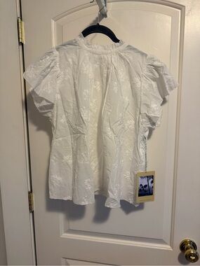 Trovata (Carla) High-Neck White Floral Embroidered Ruffle-Sleeve Top